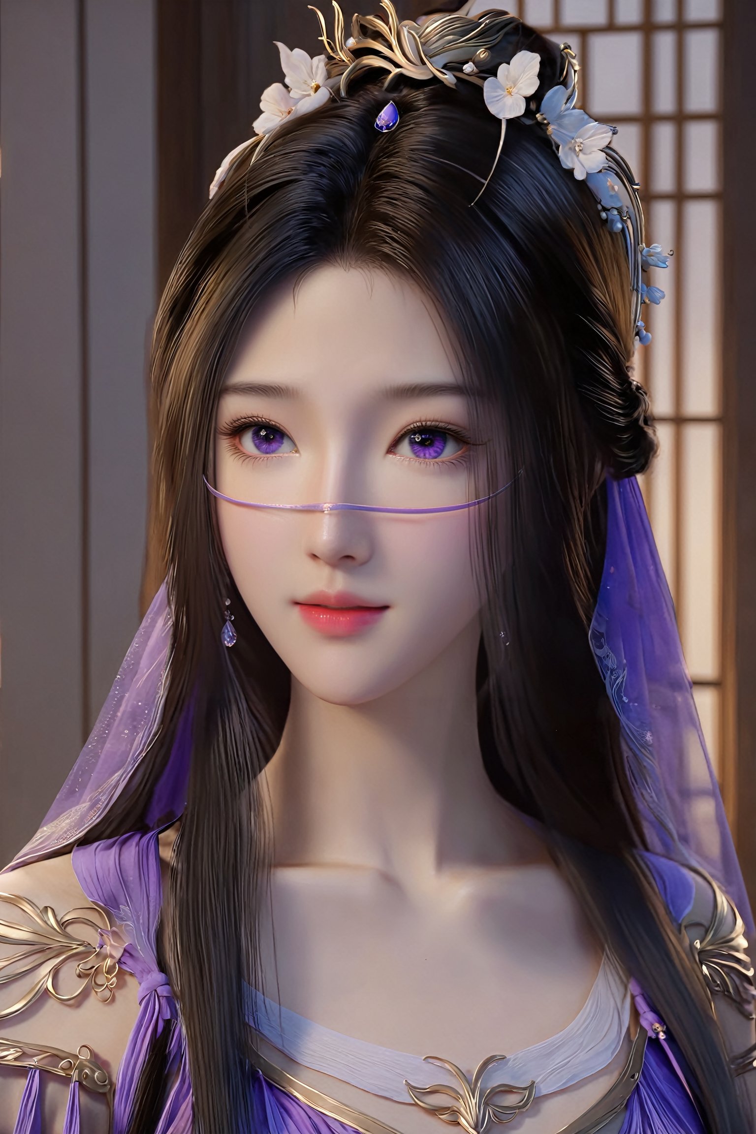 best quality,masterpiece,realistic,ultra-fine painting,extreme detail description,Professional,Vivid Colors,extremely detailed CG unity 8k wallpaper,an extremely delicate and beautiful,official art,sweet and delicate girl,delicate facial features,(perfect bright figure:1.1),surrounded,Bright,romantic long hair,natural light,warm and sweet,a girl,upper body,,black long hair,purple eyes,purple skirt,veil,Xziling