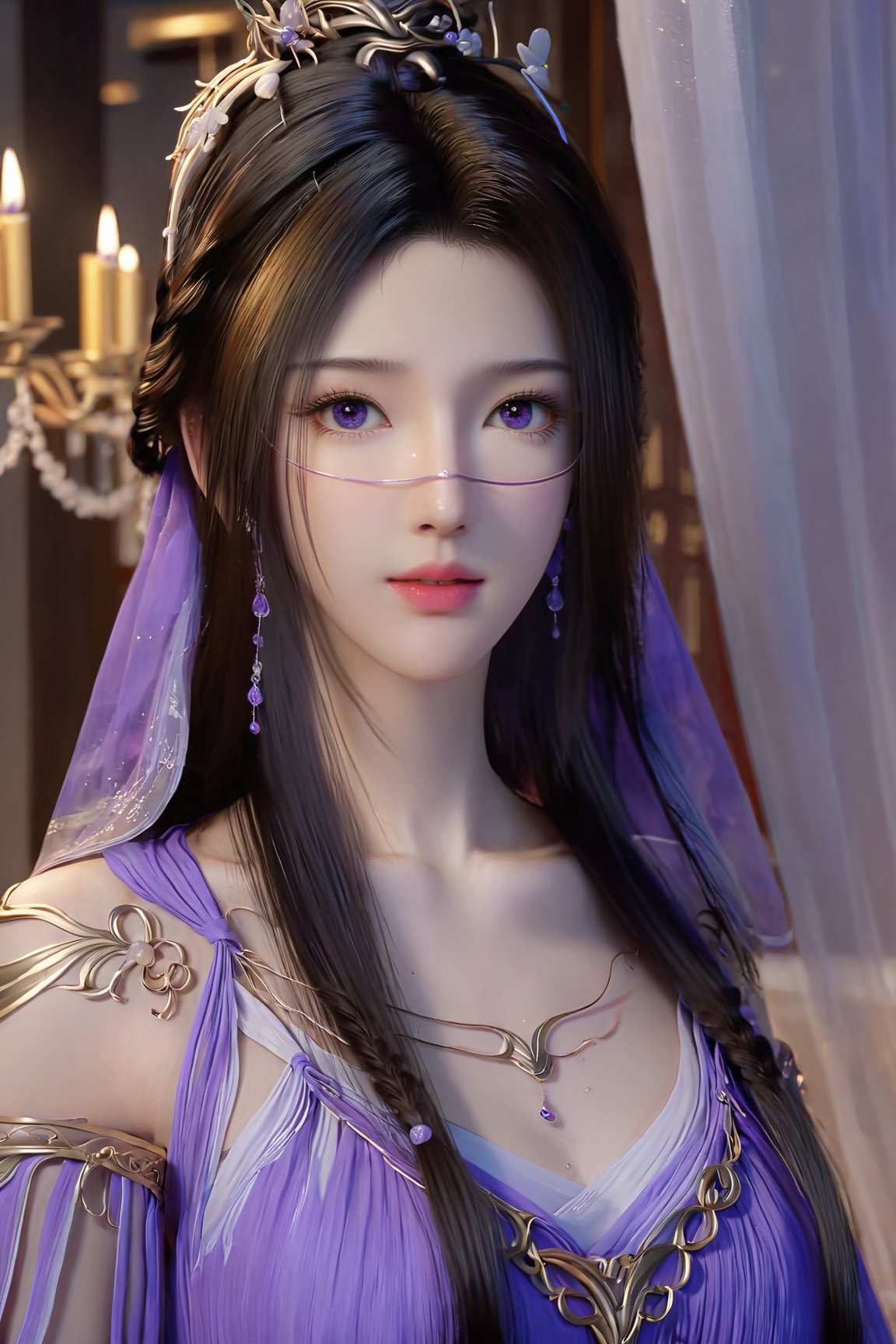 best quality,masterpiece,realistic,ultra-fine painting,extreme detail description,Professional,Vivid Colors,extremely detailed CG unity 8k wallpaper,an extremely delicate and beautiful,official art,sweet and delicate girl,delicate facial features,(perfect bright figure:1.1),surrounded,Bright,romantic long hair,natural light,warm and sweet,a girl,upper body,,black long hair,purple eyes,purple skirt,veil,Xziling,xxmixgirl