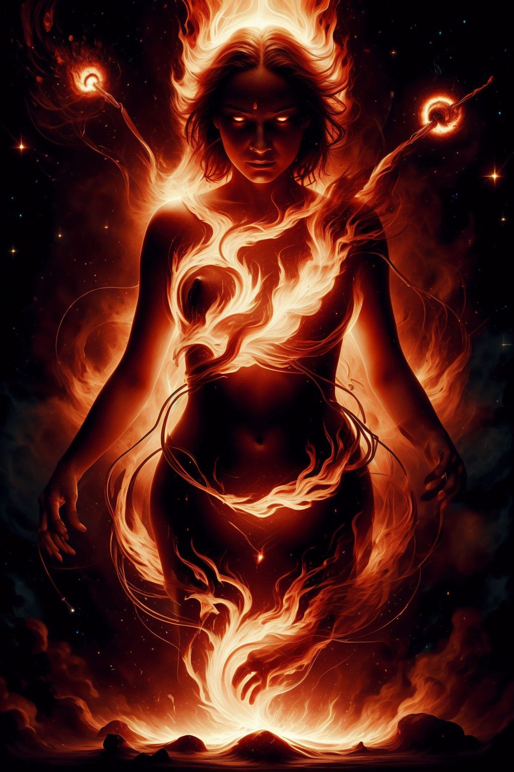 magic thunder,,glowing forehead, big navel, 40year old women body, ,fireastrologystylecontrol over fire in a mesmerizing display of power, depicted through a digital illustration inspired by the dynamic energy of Alex Andreev's artwork.