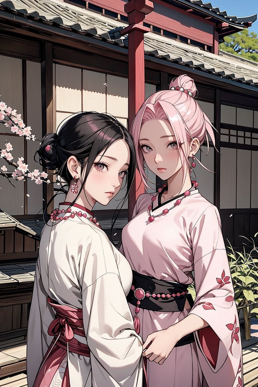 1girl with short pink hair and green eyes and small breast named Sakura Haruno in traditional dress, 1girl with long black hair and white eyes named Hinata Hyuuga in traditional dress, harunoshipp, Japanese art, hair ornament, necklace, jewelry, traditional chinese, royalty,hinata(boruto),haruno sakura, chinese dress, Baisuzhen