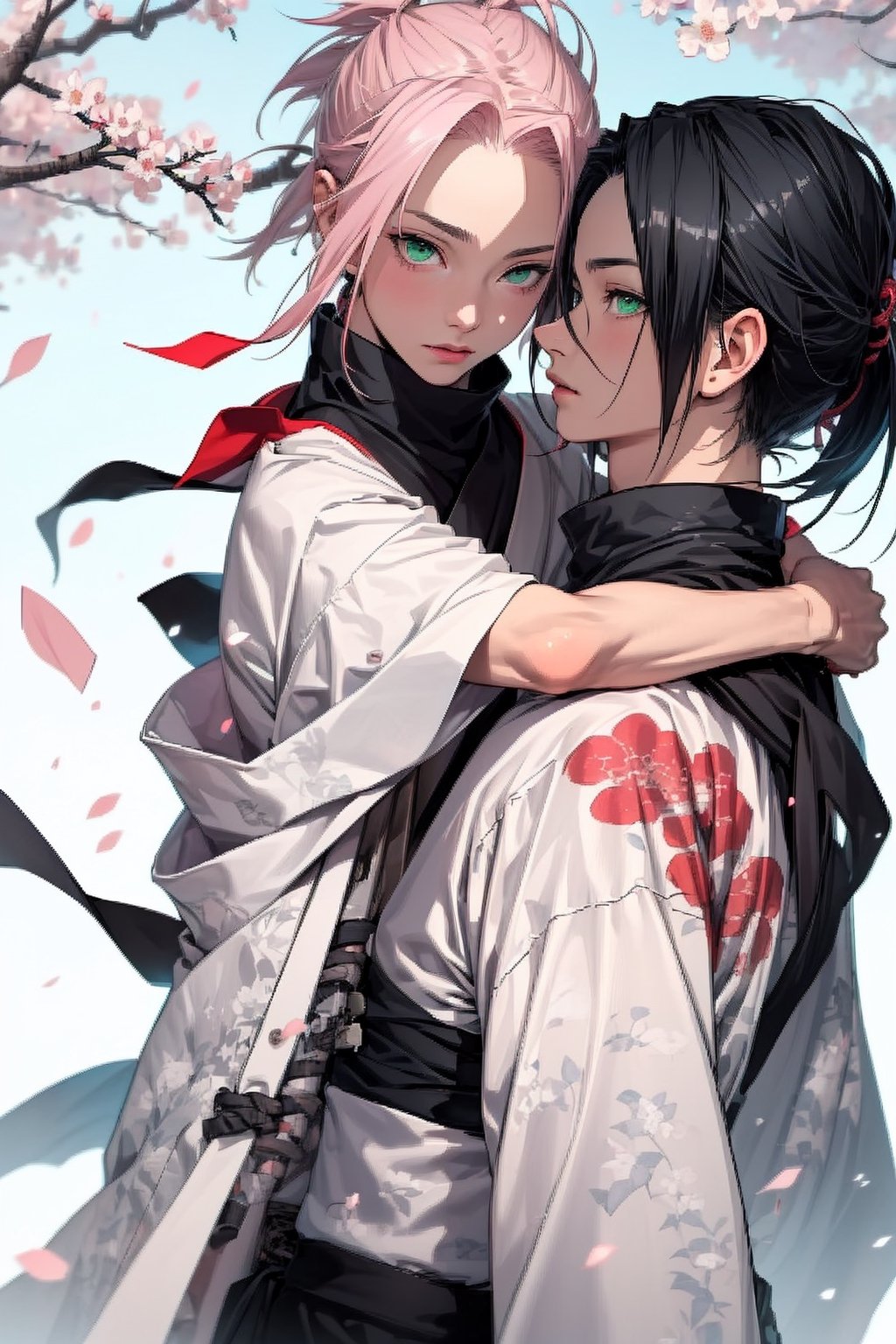 1girl with short pink hair and green eyes named Sakura Haruno in ninja attire, 1man with long black hair in a low ponytail and black eyes named Itachi Uchiha, shinobi, ninja, fierce look, looking at each other, harunoshipp,Itachi Uchiha ,akatsuki outfit