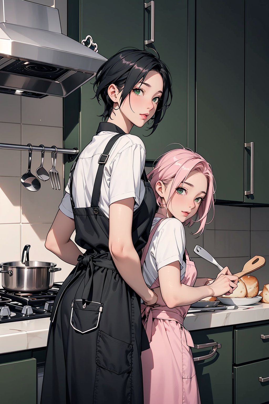 2girls, 1girl with short pink hair and green eyes named Sakura Haruno, 1girl with short black hair and black eyes named Shizune, cooking, baking, 
apron, kitchen, friends, fun, harunoshipp,shizune,JPkitchen,haruno sakura,KRU