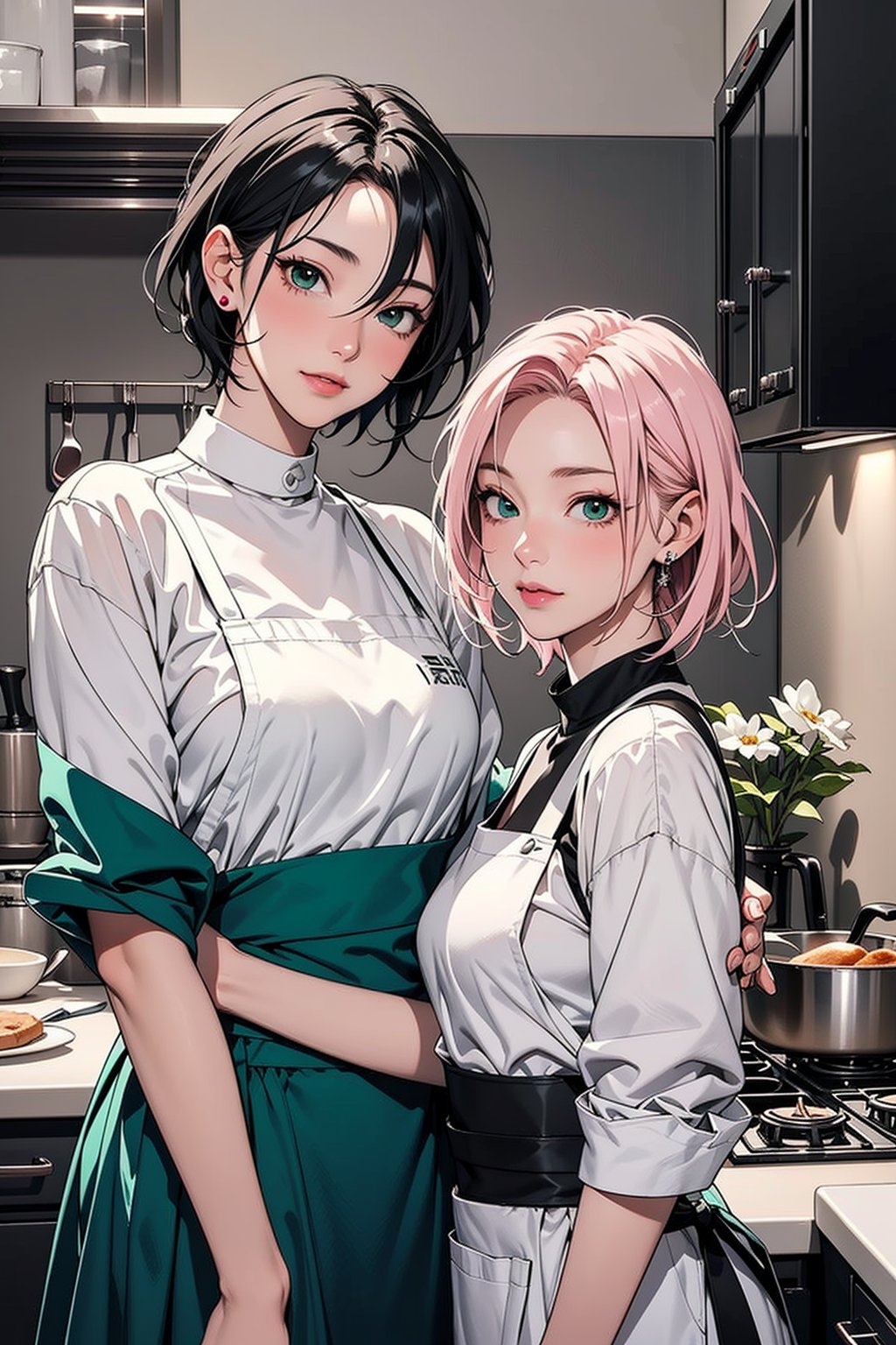 2girls, 1girl with short pink hair and green eyes named Sakura Haruno, 1girl with short black hair and black eyes named Shizune, cooking, baking, 
apron, kitchen, friends, fun, harunoshipp,shizune,JPkitchen,haruno sakura,KRU