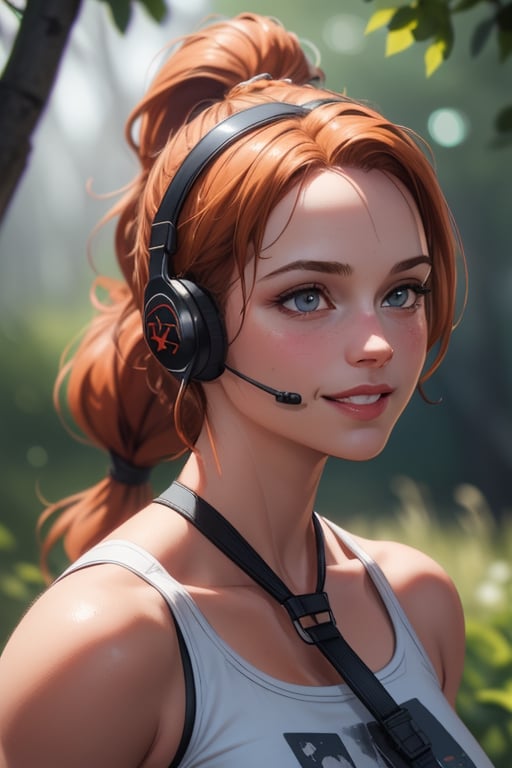 comic bock illustration, beautiful caramel eyes, braids in a long ponytail lara croft alike, orange hair, vibrant colors, highly detailed, digital painting, Style-Gravitymagic, artstation, smooth, sharp focus,(masterpiece), (realistic), 8k, RAW photo, very wide shot, octane render, unreal engine, volumetrics dtx, (film grain, bokeh, blurry foreground), with a military sweeter, tiny nose, white skin, with woods on the background, with a hamburger t shirt, 8k closeup portrait, smiling cute ,Black, stong delicate female body, posing, headset on her neck, a dog in the background
