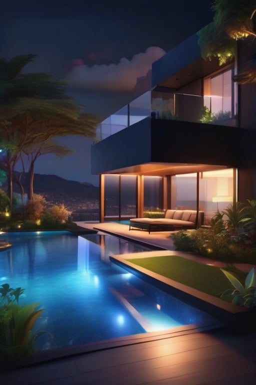 ultra Transparent 8k hd A realistic beautiful evening night,close up,evening, dark background, a beautiful place in agarhta, wide landscape, realistiic view, trees, garden, 3story floor moderm homes archectect design 2024, ocean, flowers, edgeless pool, 8k photograph, photoreal details, heaven fantasy, with a sky brown_light_black color.,bubbleGL