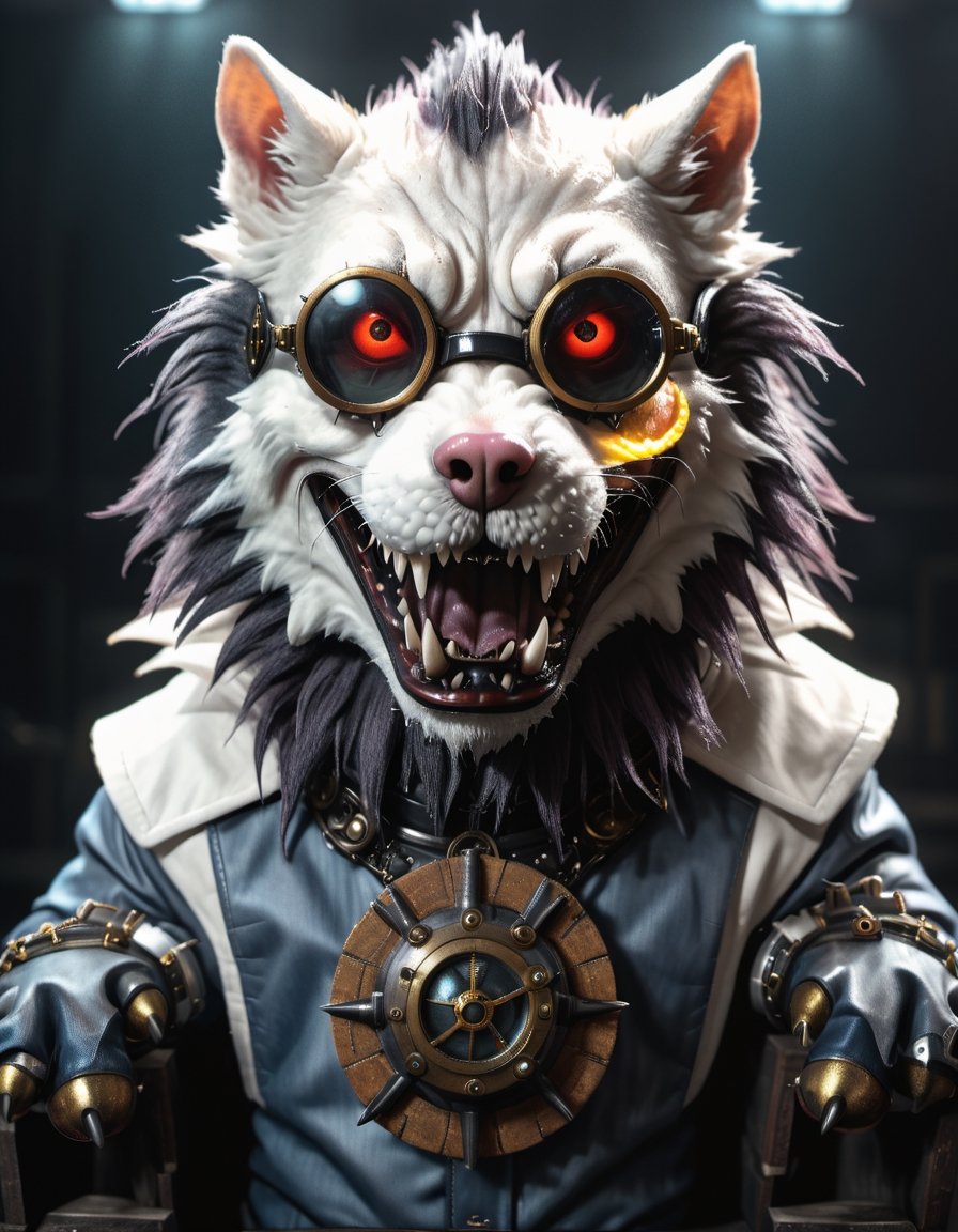 Hyperrealistic art detailed photo of a evil scientist, pool,fangs, cyberpunk, mask, wrathful eyes, open mouth, dark science lab, steampunk sun glasses, dark atmosphere, Homunculus, hyperrealistic, paws, detailed fur . Extremely high-resolution details, photographic, realism pushed to extreme, fine texture, incredibly lifelike, high quality photography, 3 point lighting, flash with softbox, 4k, Canon EOS R3, hdr, smooth, sharp focus, high resolution, award winning photo, 80mm, f2.8, bokeh