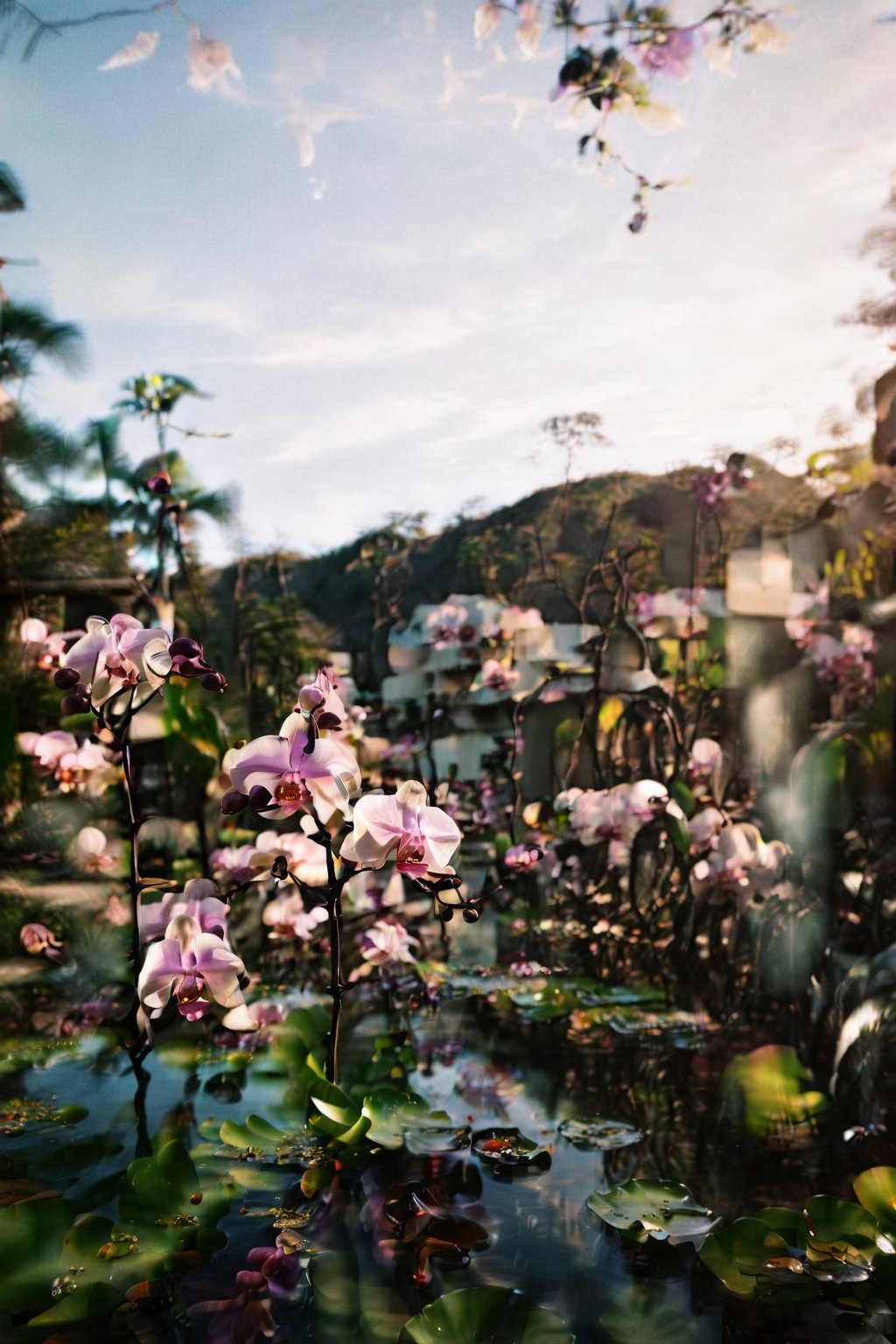 nature background, landscape, distortion, blur, meme, dreamcore, desaturation , brightness, chromatic distortion,analog photography, camera lens distortion, fantastic, daydream, liminal spaces, dreams, realistic nature, analog record, orchids, tropical, cursed