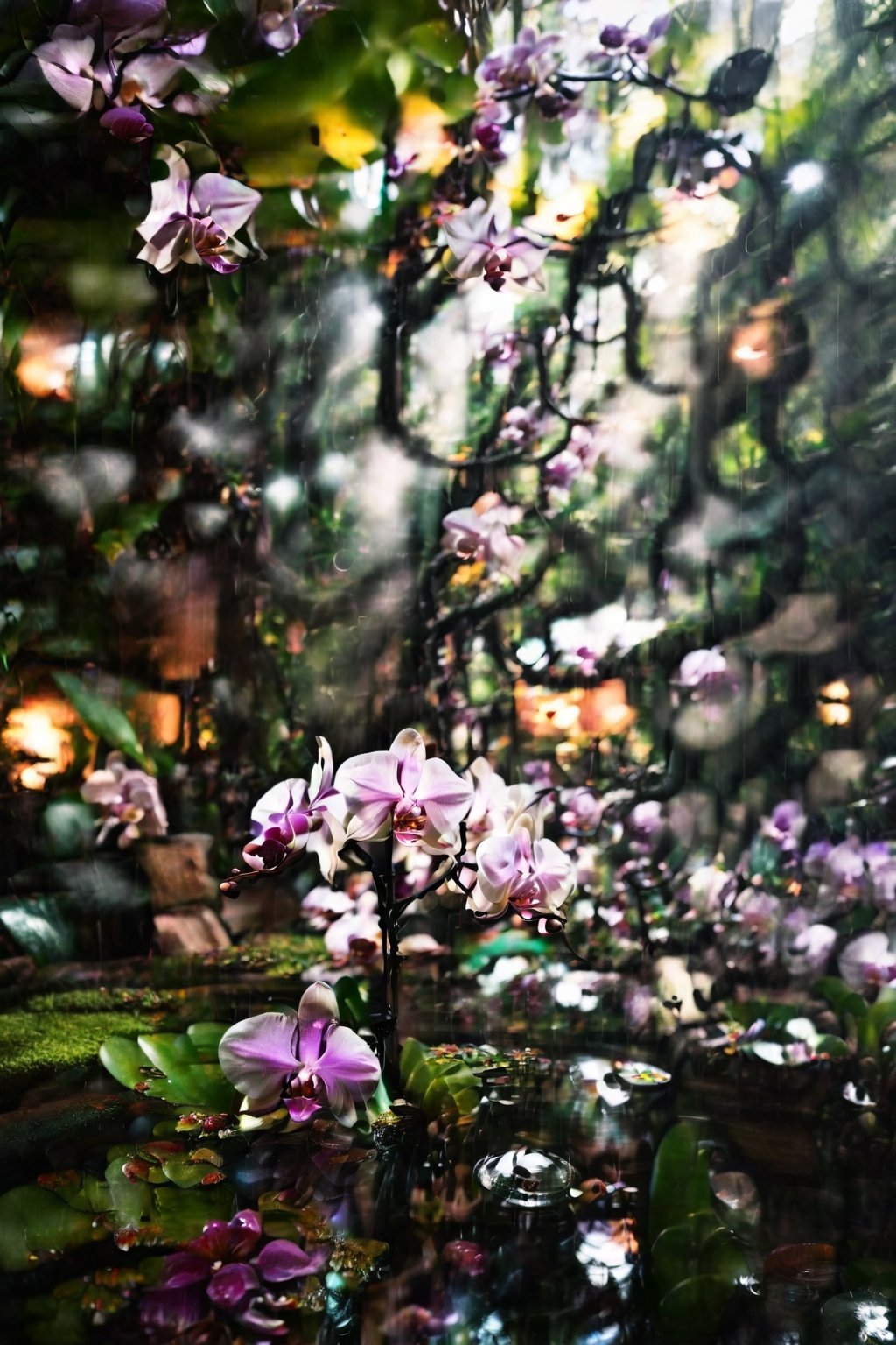 nature background, landscape, distortion, blur, meme, dreamcore, desaturation , brightness, chromatic distortion,analog photography, camera lens distortion, fantastic, daydream, liminal spaces, dreams, realistic nature, analog record, orchids, rain forest, cursed