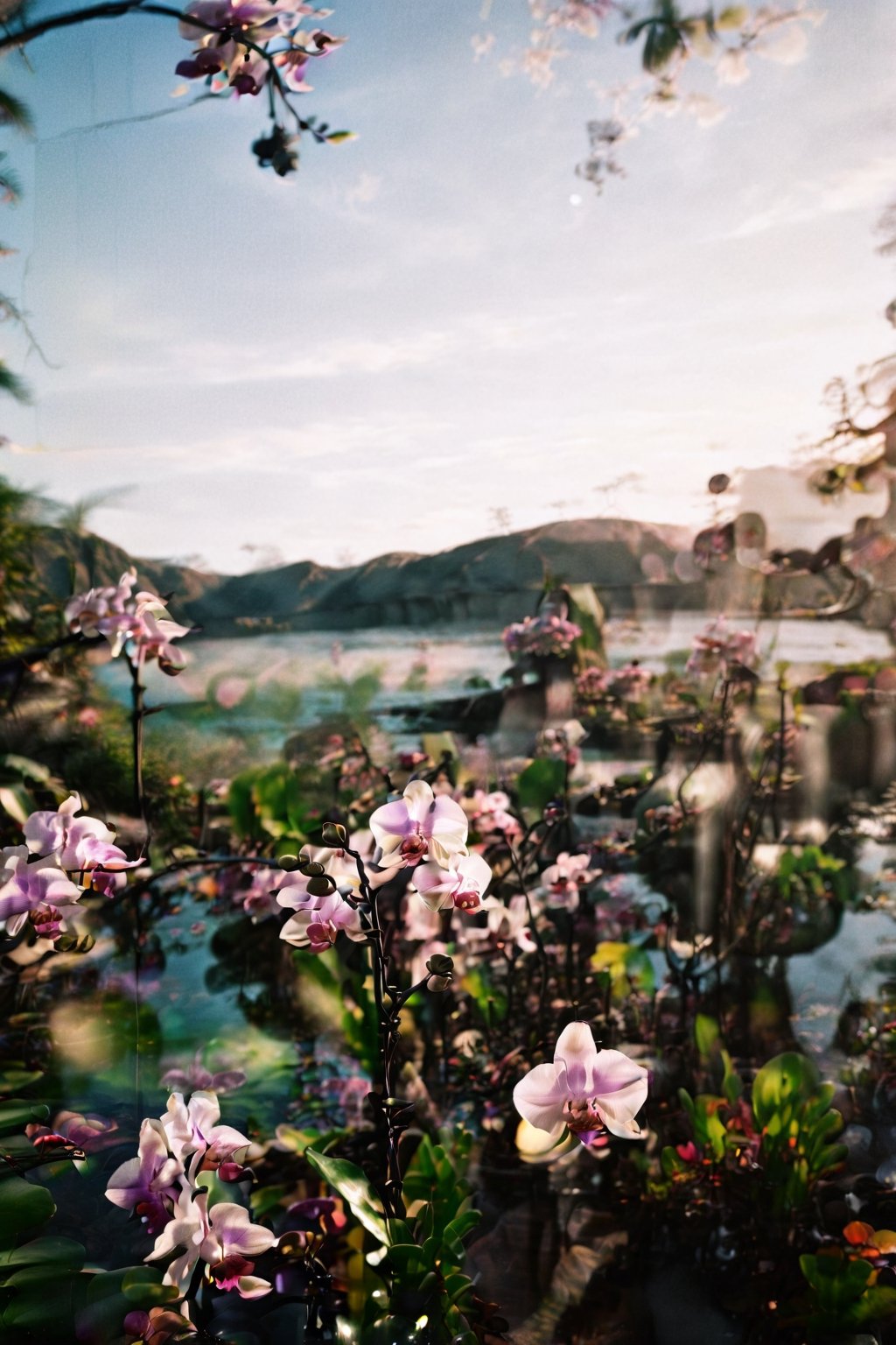 nature background, landscape, distortion, blur, meme, dreamcore, desaturation , brightness, chromatic distortion,analog photography, camera lens distortion, fantastic, daydream, liminal spaces, dreams, realistic nature, analog record, orchids, tropical