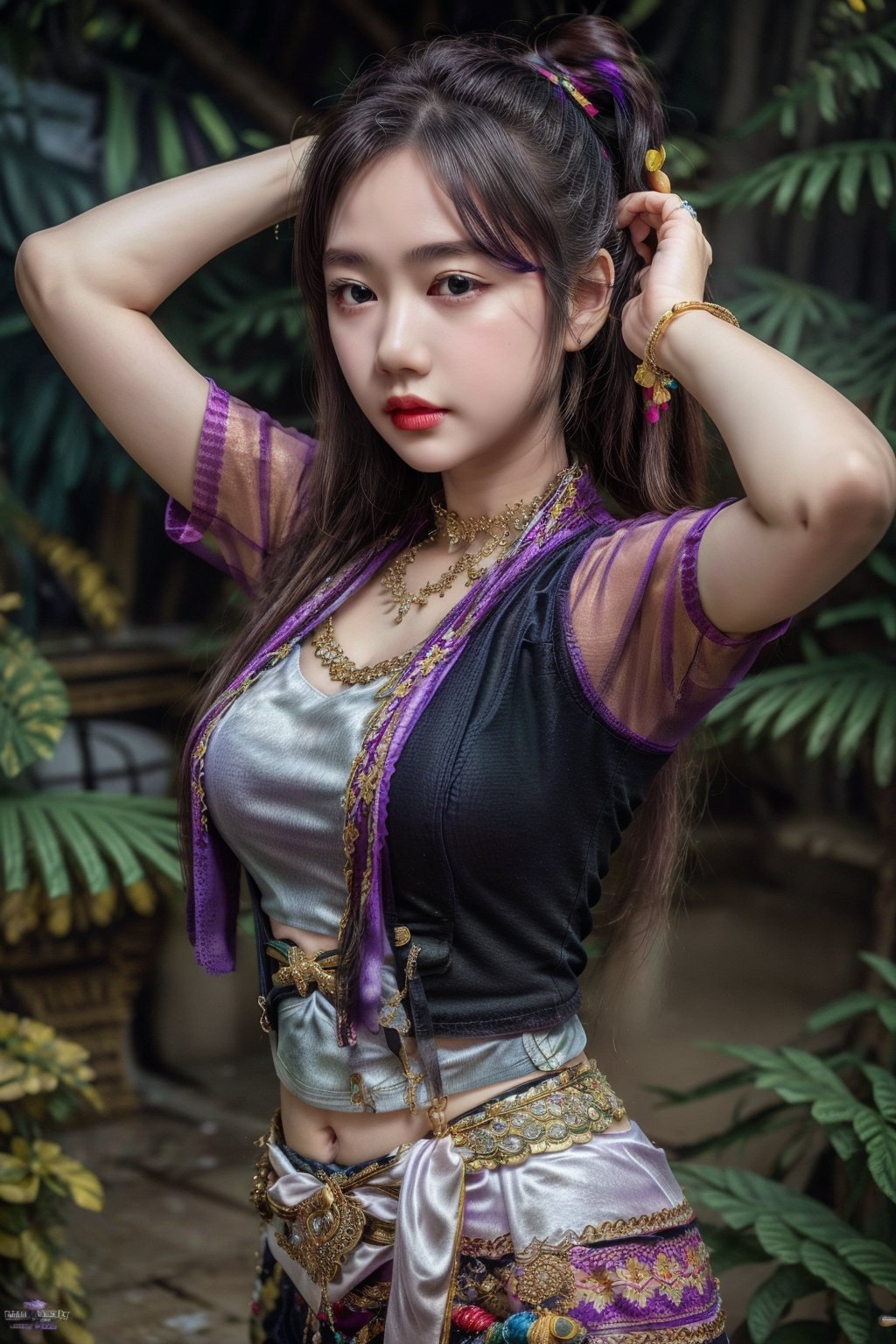1girl, solo, long hair, black hair, jewelry,  bracelet,MyanmarTraditionalDress(purple green),mmkytt,colorfull shirt,sheer_clothing,long_ponytail,realstic,photorealstic,4k,arms_above_head