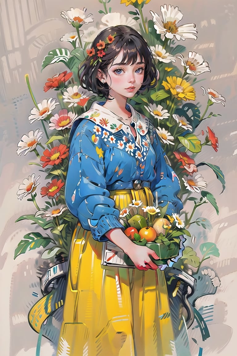 Medieval girl in traditional dress, black short hair, red flower hair ornament, yellow eyes, vegetables and fruits at farmer's market, mysterious medieval, masterpiece, high detail, watercolor, Simple Cat, Swedish dress