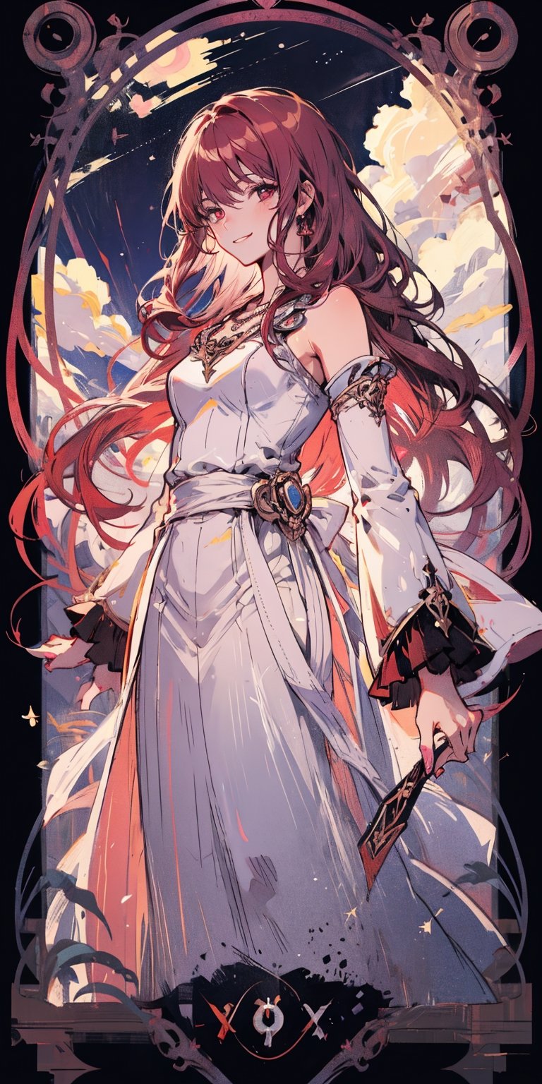 nodf_lora, Circle, long red hair, white dress, detached sleeves, necklace, gentle smile, happy, long red hair with red eyes, high_resolution, masterpiece,tarot card background, bright,cloudstick, majestic