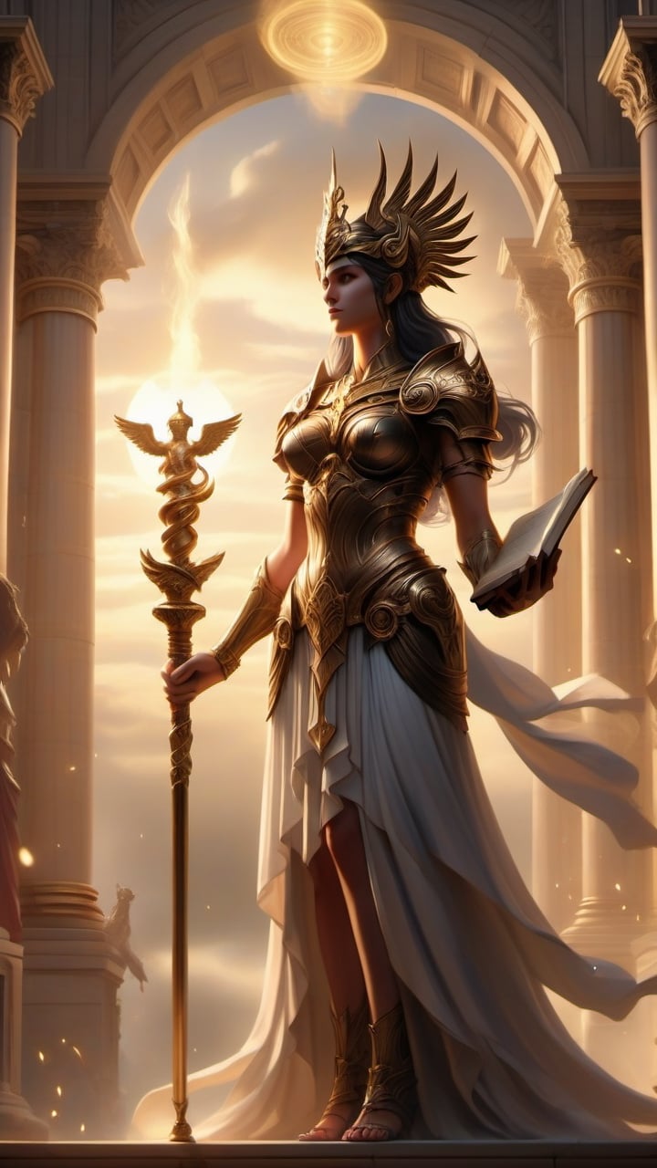 Enveloped in the wisdom of ancient scrolls, Athena, goddess of wisdom and strategy, appears as a formidable silhouette against a backdrop of towering libraries and soaring pillars. Her figure exudes intellect and strategy, symbolizing the power of knowledge and foresight
4k