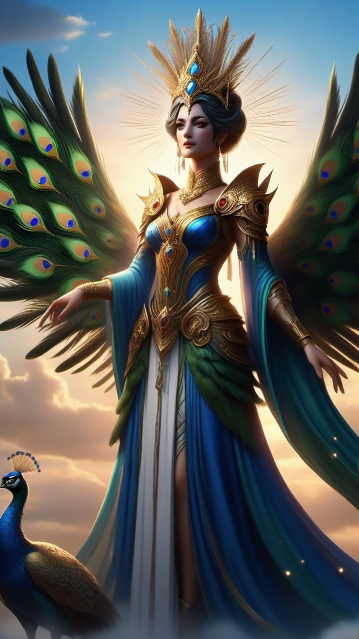 Amidst the regal elegance of a peacock's feather, Hera, queen of the gods, manifests as a graceful silhouette against a sky adorned with celestial crowns. Her presence exudes sovereignty and majesty, embodying her role as the divine matron.
4k