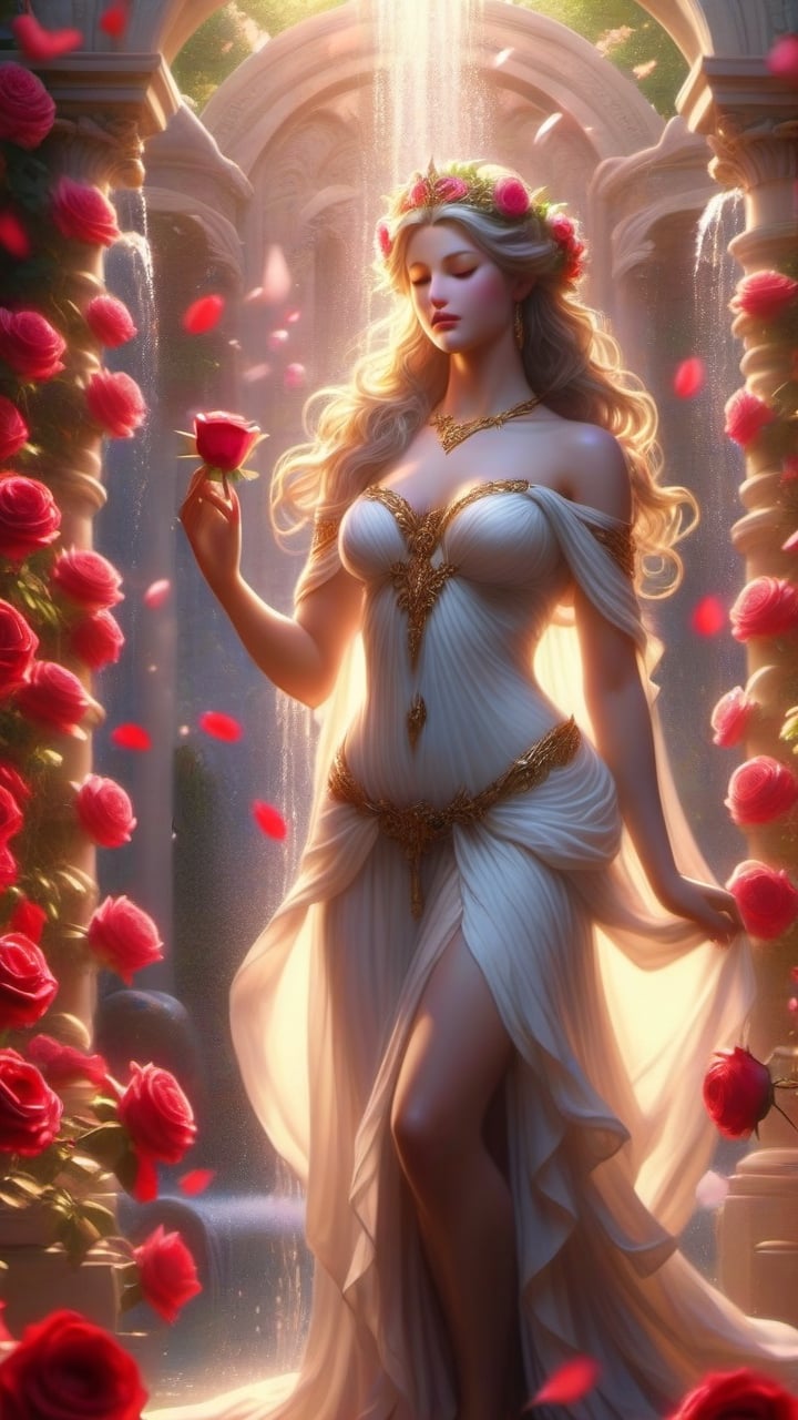 Amidst the swirling petals of roses, Aphrodite, goddess of love and beauty, emerges as a radiant silhouette against a background of blooming gardens and cascading fountains. Her figure exudes grace and allure, embodying the essence of love and desire
4k