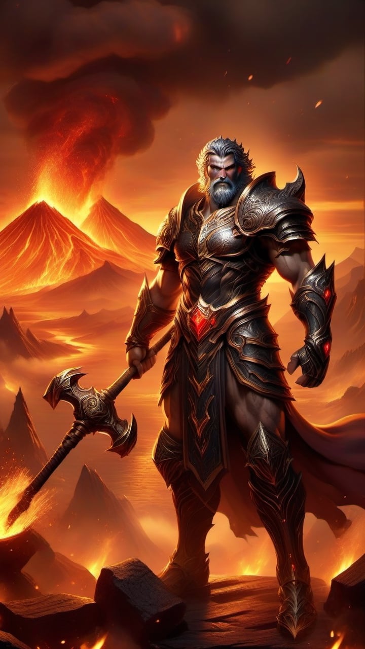 Within the fiery forge of creation, Hephaestus, the god of craftsmanship, stands as a sturdy silhouette against a backdrop of imposing volcanoes and glowing embers. His figure radiates skill and industry, symbolizing the power of creation and innovation, with a hammer on his hand
4k