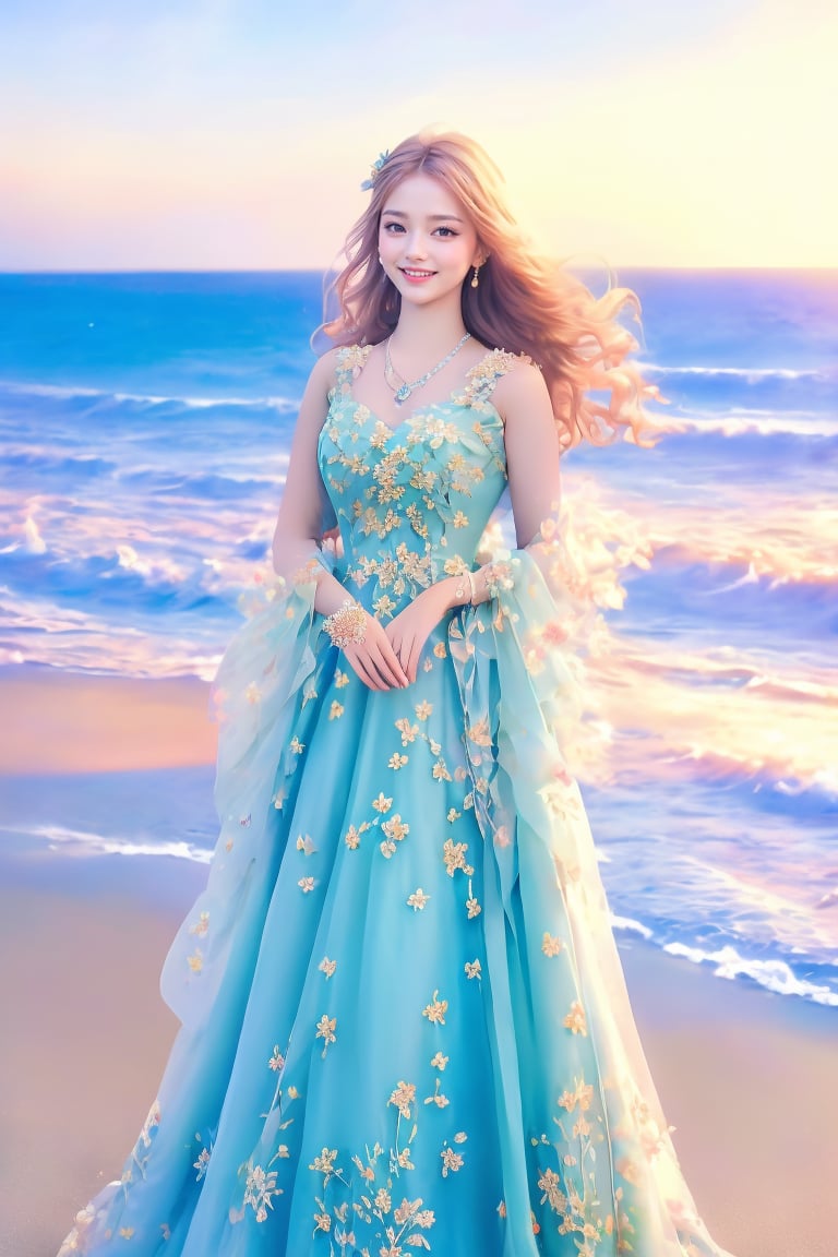 This digital artwork by FOXMAN features a photorealistic style with a soft, ethereal quality. The composition focuses on a graceful young woman with flowing hair, adorned in a delicate, light blue gown decorated with intricate floral patterns. The subject stands against a serene beach backdrop, where the ocean waves and a subtle sunset imbue the scene with a calming glow. Her gentle smile adds a touch of warmth to the imagery. The artist's logo, depicting a stylized fox, is visible in the bottom right corner, adding a signature touch to this enchanting piece.