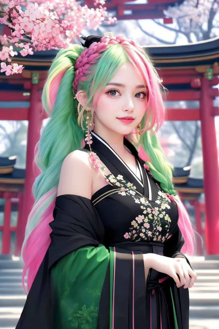 The image is a highly realistic digital artwork. The composition centers on a young woman with striking pink and green hair, wearing a black outfit with a white cover. Cherry blossoms frame her face, enhancing the tranquil yet vibrant mood. The background displays traditional Japanese architecture and gardens, further emphasizing the serene atmosphere. The character’s large eyes and subtle smile evoke a touch of animated allure, while the detailed rendering showcases the intricacy of her braided hairstyle and attire. The overall effect blends realism with a hint of anime styling, embodying a harmonious fusion of natural beauty and cultural elements.

