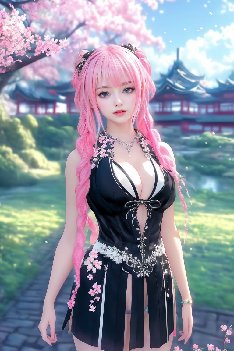 This digital artwork by Wesley Hsu features a hyper-realistic anime-style character with striking detail. The composition centers on a young woman, dressed in a revealing black and white outfit with a plunging neckline, standing amidst a scenic background of blooming cherry blossoms under a bright, clear sky. Her long, pink and green hair is intricately braided and she possesses large, expressive eyes. The background is lush, marked by traditional Japanese architecture in the distance, enhancing the overall serene and picturesque atmosphere. The image is signed with the artist's name at the bottom right.