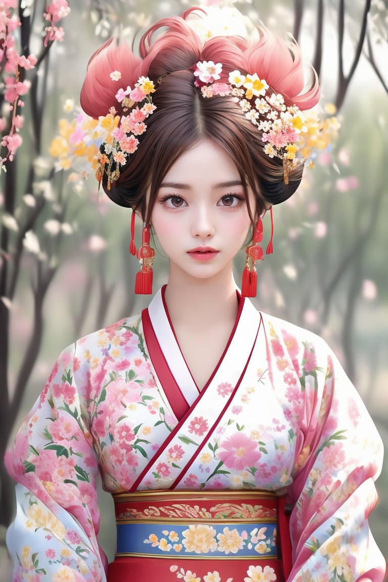 This digital painting, likely created by an artist skilled in realistic and detailed art, features a young woman centered in composition. She wears a traditional Asian garment adorned with floral patterns and a red sash. Her hair is styled elaborately with a stunning floral headdress consisting of various colorful flowers. She is framed symmetrically by branches decorated with flowers in shades of pink, white, and yellow. The muted, soft-focus background contrasts gently with the vivid floral elements, suggesting a serene, natural setting. The overall tone is gentle and harmonious, blending elements of traditional attire with a natural floral theme.