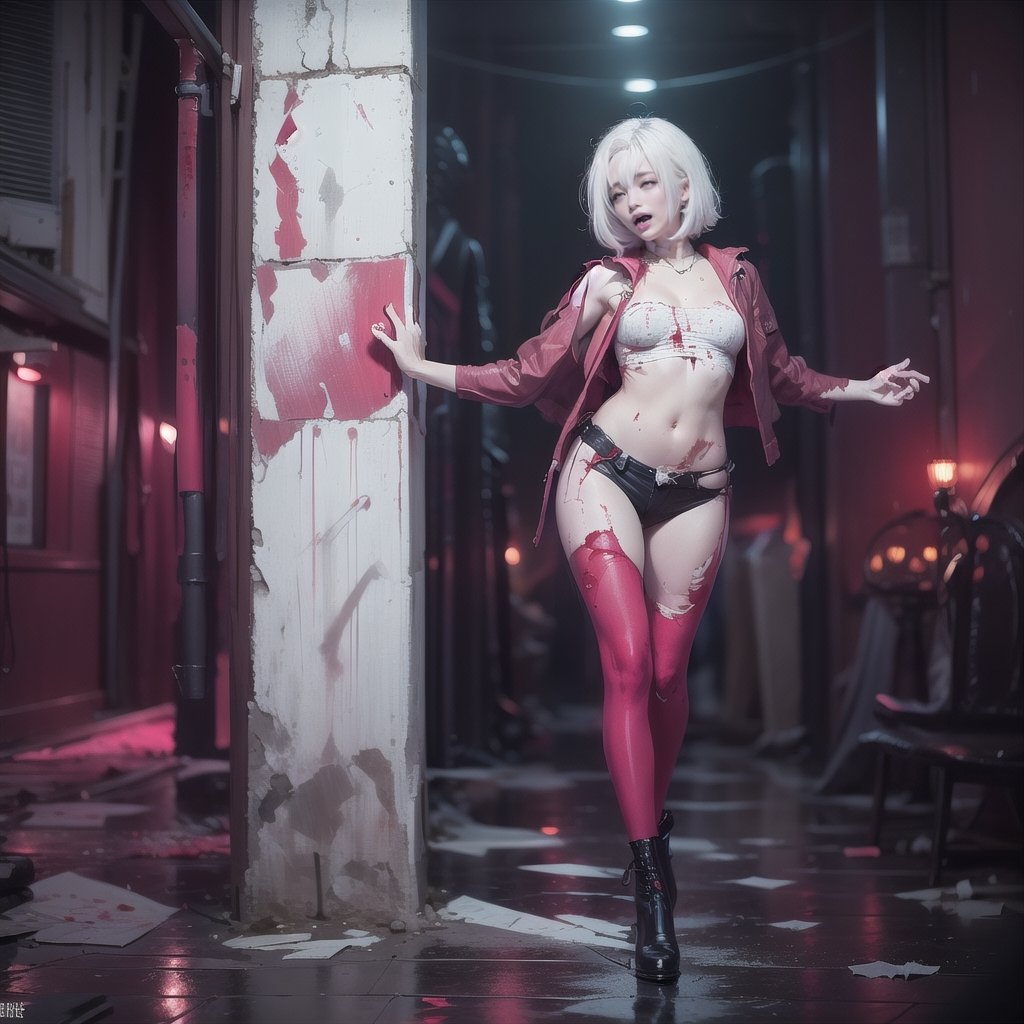 girl with white hair dancing, in a dark forest, eyes rolled back, mouth open, grunge, gothic, fantastical, dirty room, smiling, full body in frame, dim lighting, blood, ripped clothes, neon background