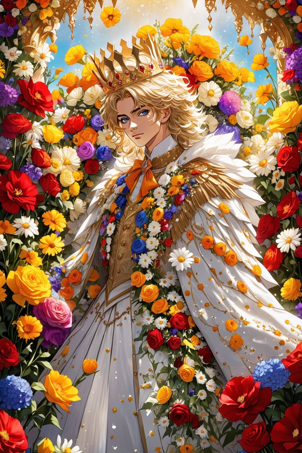 A prince made entirely of flowers, his suit a vibrant array of poppies, daisies, and tulips. His hair, a cascade of marigold, adorned with a crown of hydrangea and roses. he stands tall and regal, his eyes bright with the colors of his flower kingdom. This flower prince radiates freshness and suave charisma, a whimsical and unique creation of nature's beauty.