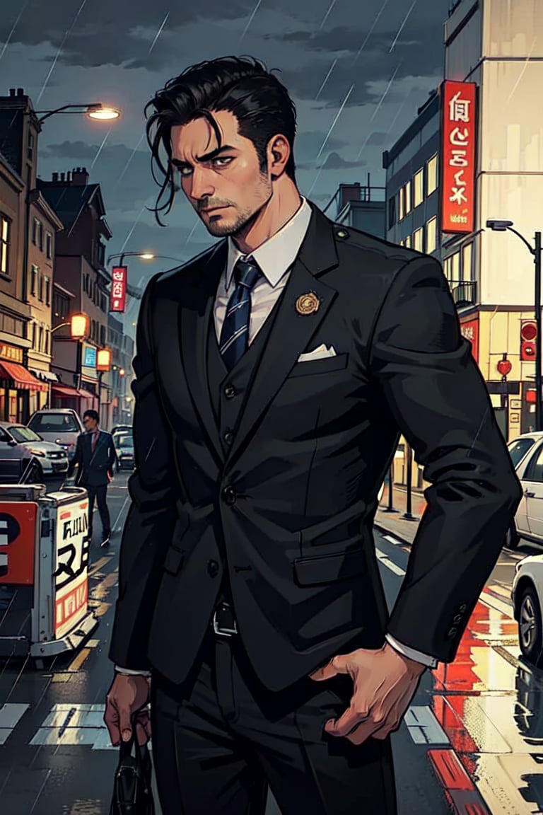 high quality, masterpice, half photo, side view, 1 man only, 35 years old, he is a private security guard,  wears an elegant lead full suit , tie, his hair is black and cut low.  he standy in street, fact at night , Sad face, loking down, raining