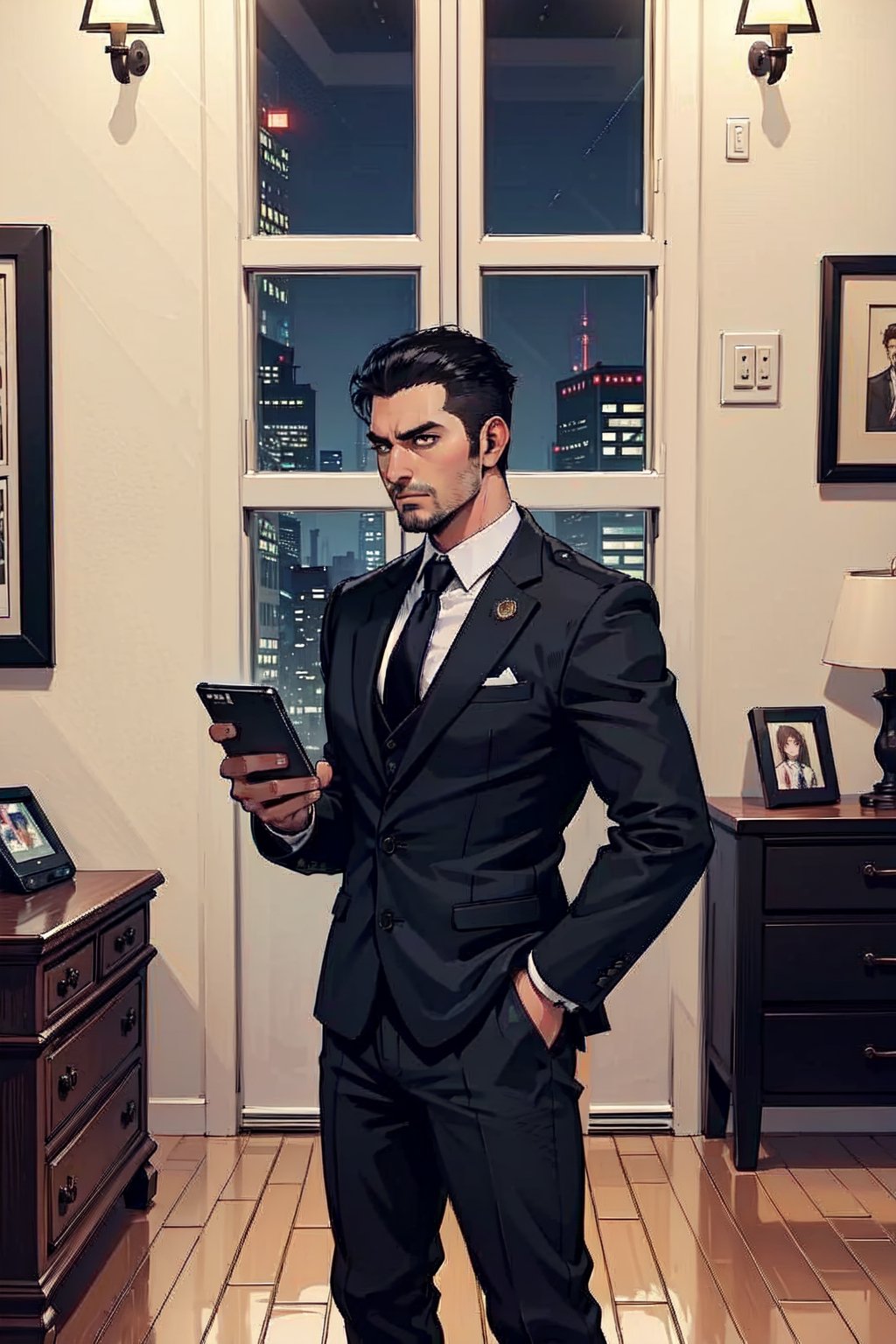 high quality, masterpice, half photo, side view, 1 man only, 35 years old, he is a private security guard,  wears an elegant lead full suit , tie, his hair is black and cut low.  he standy in living room looking his cellfone, fact at night , Serious face