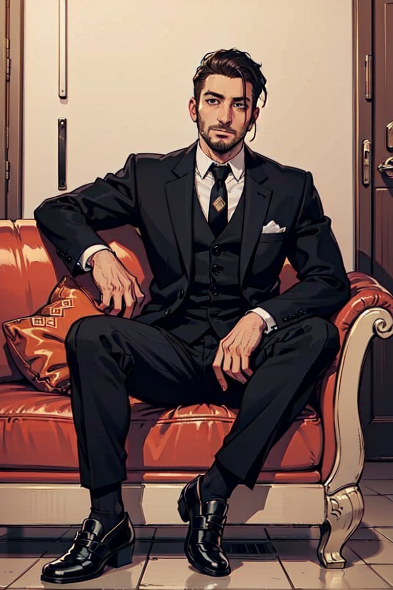 high quality imagem, face photo,  1 man only, 35 years old, he is a private security guard,  wears an elegant lead full suit , tie,  ear stitches, black shoes and his hair is black and cut low.  he  wait, siting in a brown sofa, into the dress shop store, looking_at_viewer, Surprised face