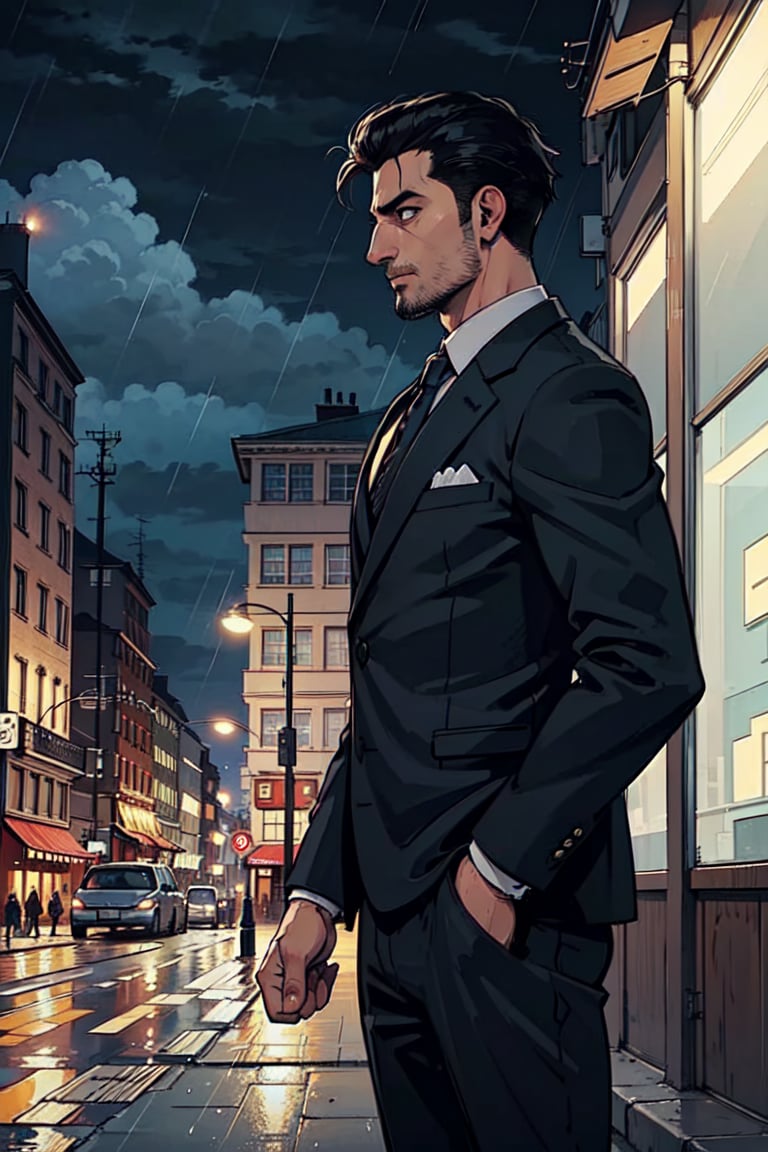 high quality, masterpice, half photo, side view, 1 man only, 35 years old, he is a private security guard,  wears an elegant lead full suit , tie, his hair is black and cut low.  he standy in street, fact at night , Serious face, raining