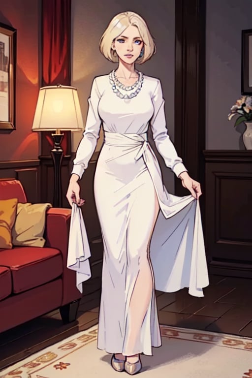 1 woman only, Various emotions, elegant, conservative. She has 58-year-old lady with intense blue eyes and ( short light blond hair ), 
wear a long dress and a light white shirt, elegant, made up with a pearl necklace and pearl earrings, they are in the rich living room  she is standing