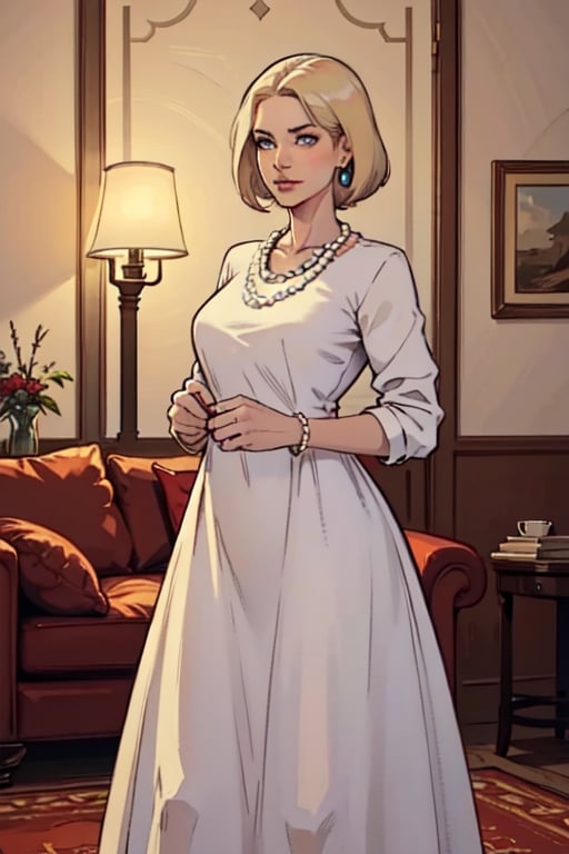 1 woman only, ralf photo, 
Fear, 
elegant, conservative. She has 58-year-old lady with intense blue eyes and ( short light blond hair ), 
wear a long dress and a light white shirt, elegant, made up with a pearl necklace and pearl earrings, they are in the rich living room  she is standing