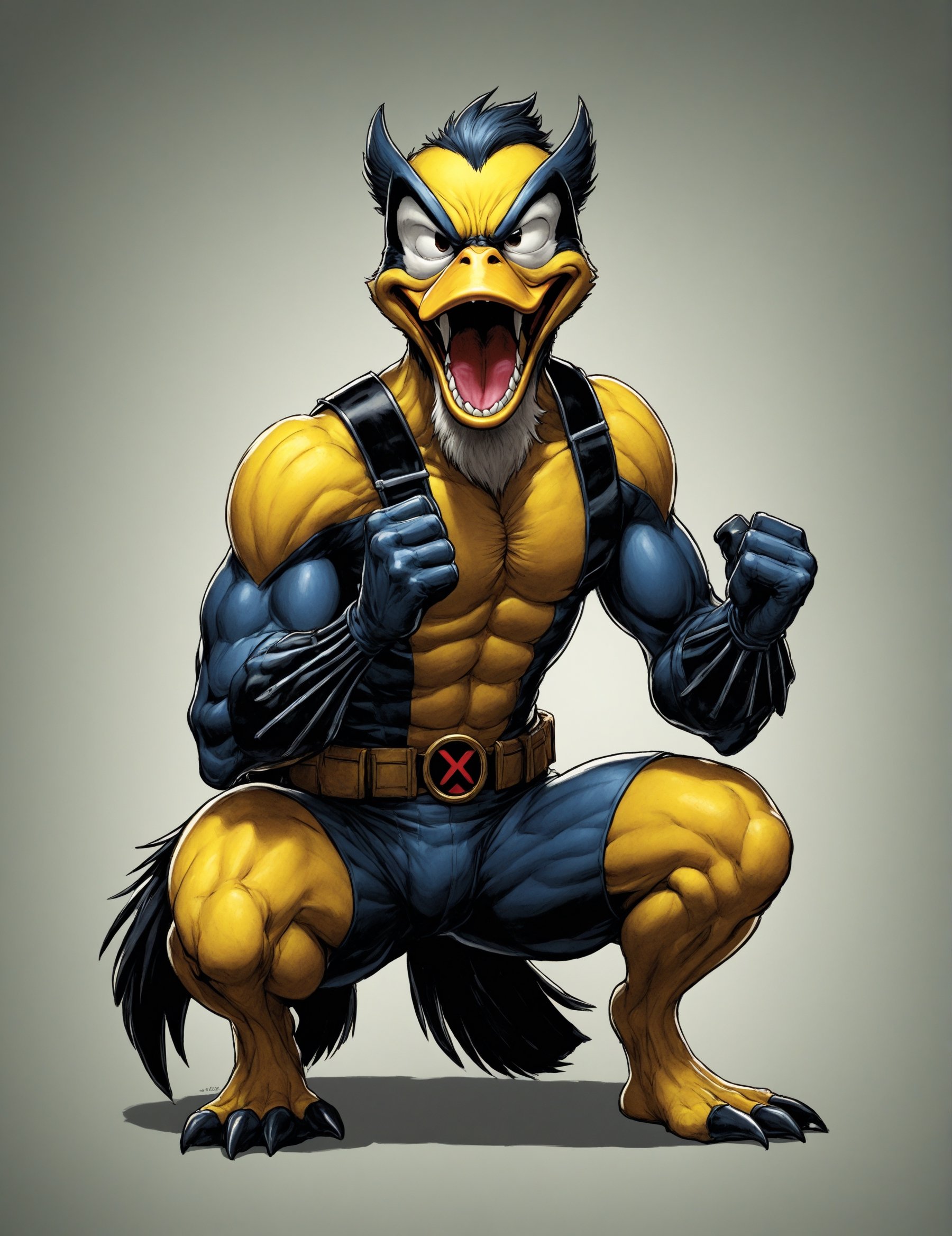 Cartoonish (Angry:1.2) looking Anthropomorphic Duck as the (X-men Wolverine:1.2), his adamantium claws out, on his knees crying, side view, (grinning with bared_teeth:1.2), rubber_hose_character