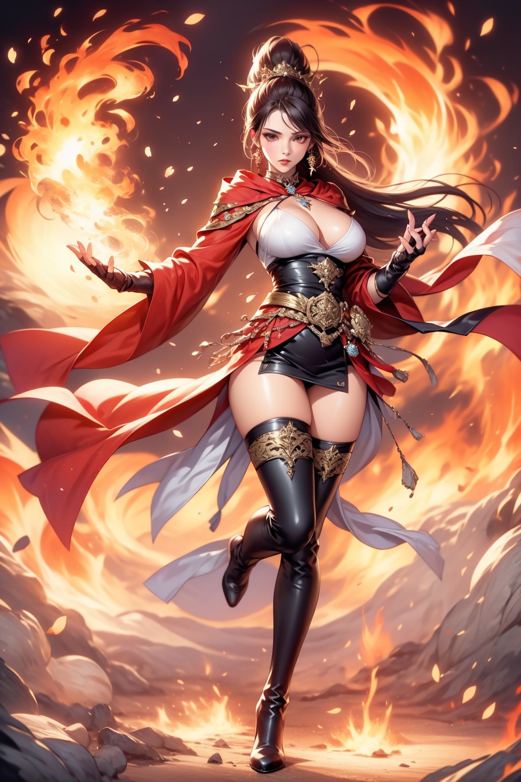 a stunning RPG game beauty, solo, long hair, brown eyes, jewelry, closed mouth, earrings, gloves, holding, full body, ponytail, red hair, fingerless gloves, yellow Sleeve rope, thighhighs, gloves, boots, hood, cape, high heels, thigh boots, fire, weapon jewelry staff, Apply spells to monsters, explosive spells, massive fire ball,girl