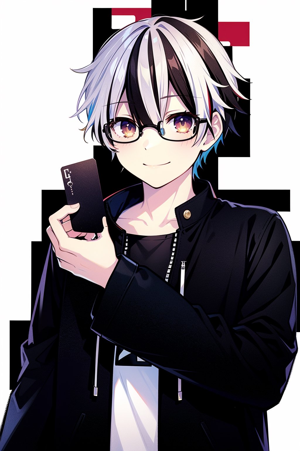 Hight Detailed, Hight Quality, Masterpiece,Beatifull,(Amercian short),solo, looking at viewer, smile, bangs, brown hair, shirt, long sleeves, 1boy, holding, brown eyes, closed mouth, jacket, upper body, white hair, male focus, multicolored hair, glasses, virtual youtuber, two-tone hair, streaked hair, black jacket, black-framed eyewear, card, holding card,itsuka_shidou