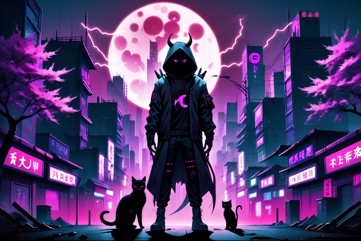 cyberpunk city, human shaped shadow, two knives, standing in the middle and a moon behind him, hood, horns, add hood color: dark red, Sakura Tree, Purple background, buildings with neon lights, a black cat, HD, pink pupils, aura of electricity