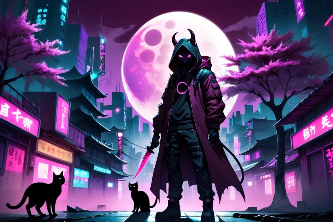 Cyberpunk City, human shaped shadow, two knives, standing in the middle and a moon behind him, hood, horns, add hood color: dark red, , Sakura Tree, Purple background, buildings with neon lights, a black cat, HD, pink pupils