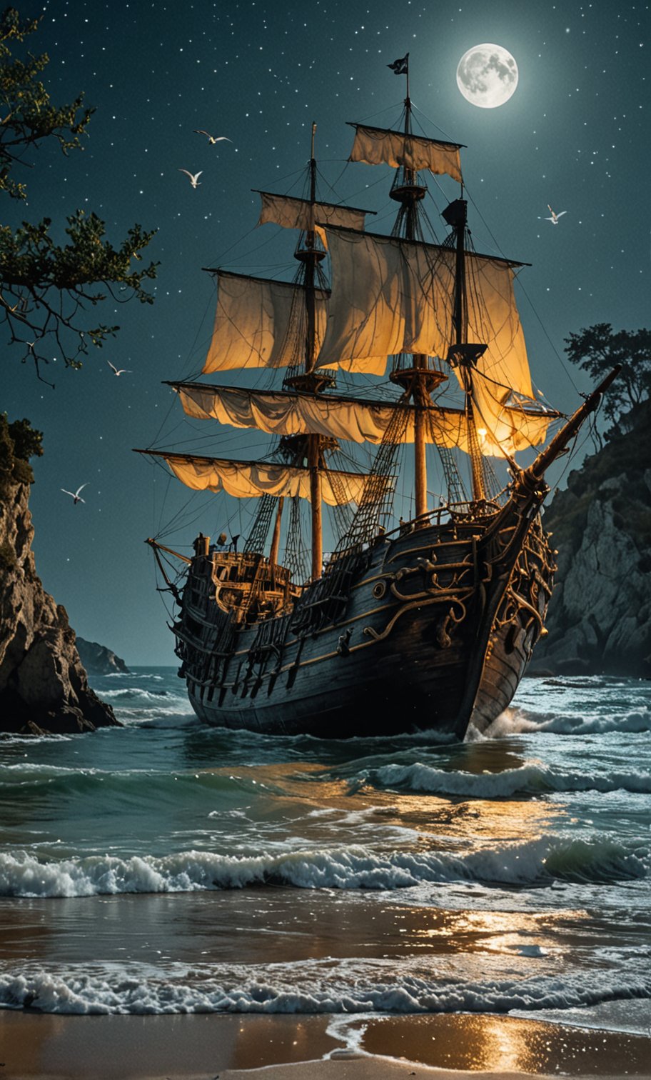 Ultra Close-up portrait, an old and large pirate ghost ship, abandoned and stranded in the waters of a deserted and wild beach at night with a large moon illuminating and reflecting in the sea, rocks and trees around, seagulls and birds flying, the ship is worn out by time and covered in vegetation, atmosphere of fantasy, mystery and dream, dramatic lighting, perfect framing of the image, film poster style, oil painting, vintage photo style, van gogh style, caravagio, Greg Rutkowski style