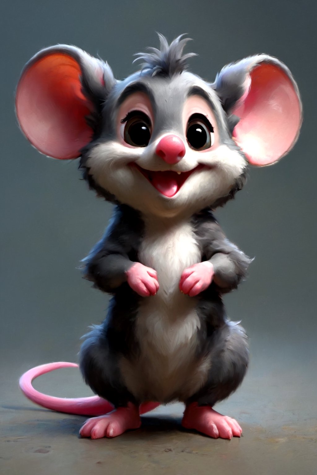 highly detailed, high quality, masterpiece, beautiful,(medium short shot),
animalmouse, gray color, boy, cartoon, cute, standing, smiling, looking forward, eyes closed, mouth open, pink nose, pink tail, gray fur, chubby, short, unclothed, background: no background