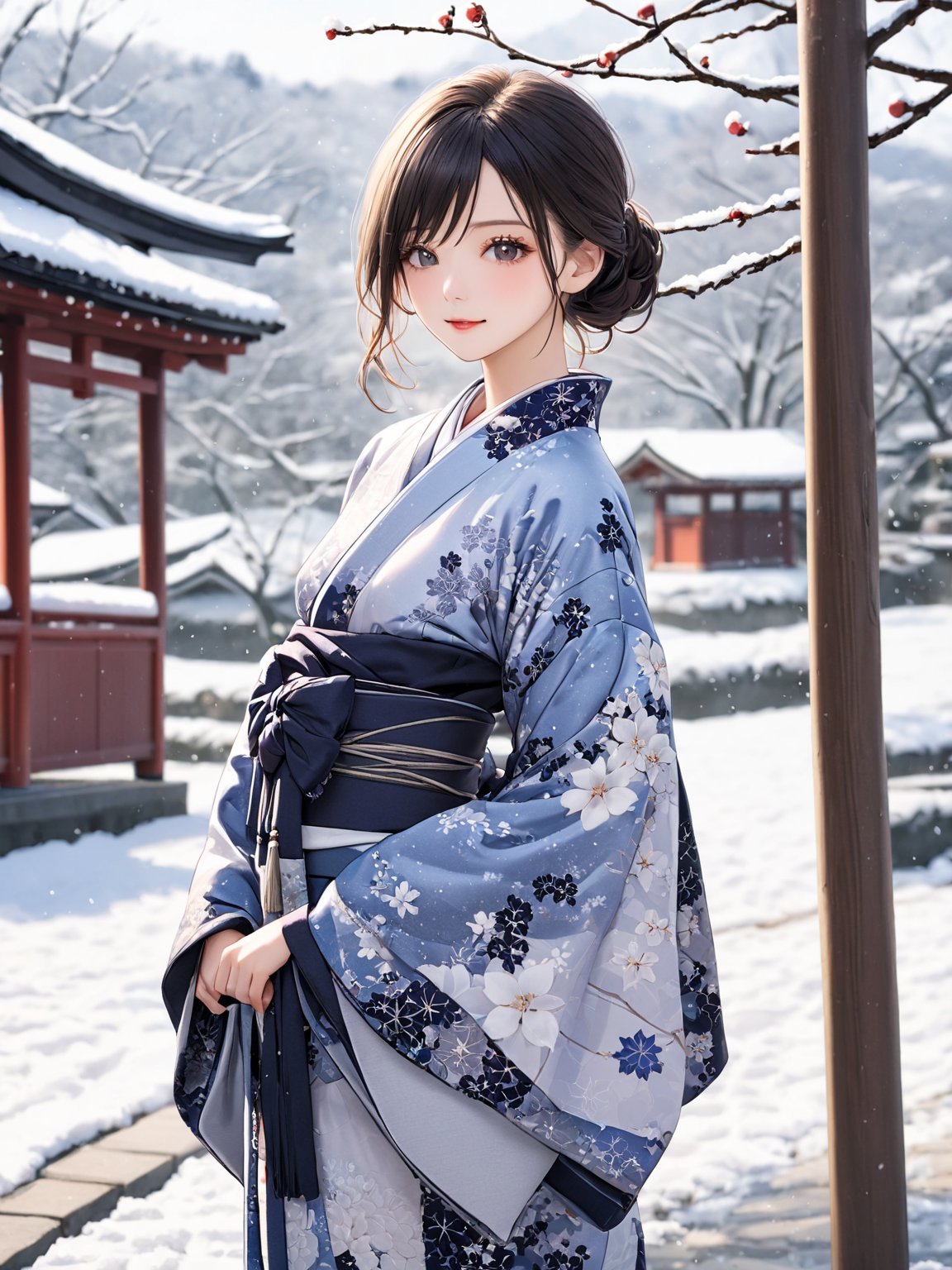 //Quality,
photo r3al, detailmaster2, masterpiece, photorealistic, 8k, 8k UHD, best quality, ultra realistic, ultra detailed, hyperdetailed photography, real photo
,//Character,
1girl, solo, cowboy_shot, looking_at_viewer
,//Fashion,
kimono
,//Background,
Kyoto, outdoors, winter, snow
,//Others,
goodbye