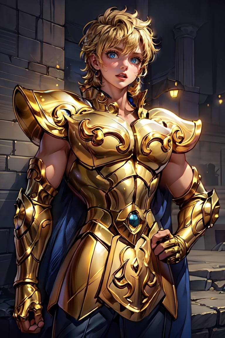 (Extremely detailed CG uniform 8k wallpaper, masterpiece, best quality, super detailed), male anime character wearing golden armor, 1boy, golden armor, male focus, handsome face, short blond wavy hair, armor, solo, leo armor , Trend Artstation, Fantasy00d,mature