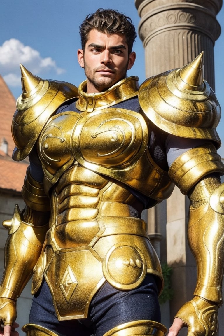 (Extremely detailed CG uniform 8k wallpaper, masterpiece, best quality, super detailed), male anime character wearing golden armor, 1boy, golden armor, male focus, handsome face, short black curly hair, armor, solo, Taurus armor , Trend Artstation, Fantasy 00d, Mature