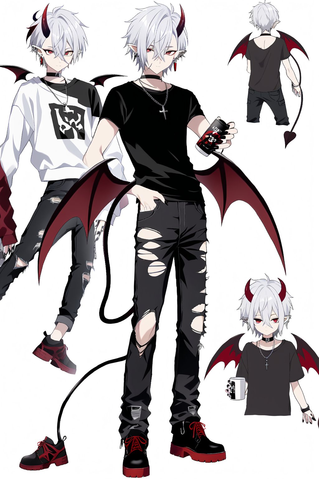  pointy_ears, red_eyes, wings, pants, 1boy, male_focus, torn_clothes, white_hair, torn_pants, black_shirt, shirt, ear_piercing, white_background, white_jacket, demon_horns, jacket, demon_boy, jewelry, demon_wings, tail, piercing, holding, hair_between_eyes, closed_mouth, red_horns, looking_at_viewer, red_wings, short_hair, simple_background, standing, black_nails, multiple_views, black_footwear, necklace, black_pants, choker, long_sleeves, demon_tail, shoes, bangs, full_body, torn, earrings,sleeves_past_wrists, off_shoulder, cross, sneakers, black_choker, spikes