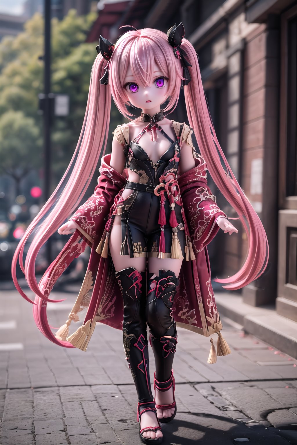 full_body of KukiS, 1girl, solo_female, 23 years old girl, blurry_background, Kuki Style, long hair, red eyes, purple eyes, multicolor_eyes, no ornament, pink hair, red hair, multicolor_hair, twintails, medium breasts, hair between eyes, outdoors,