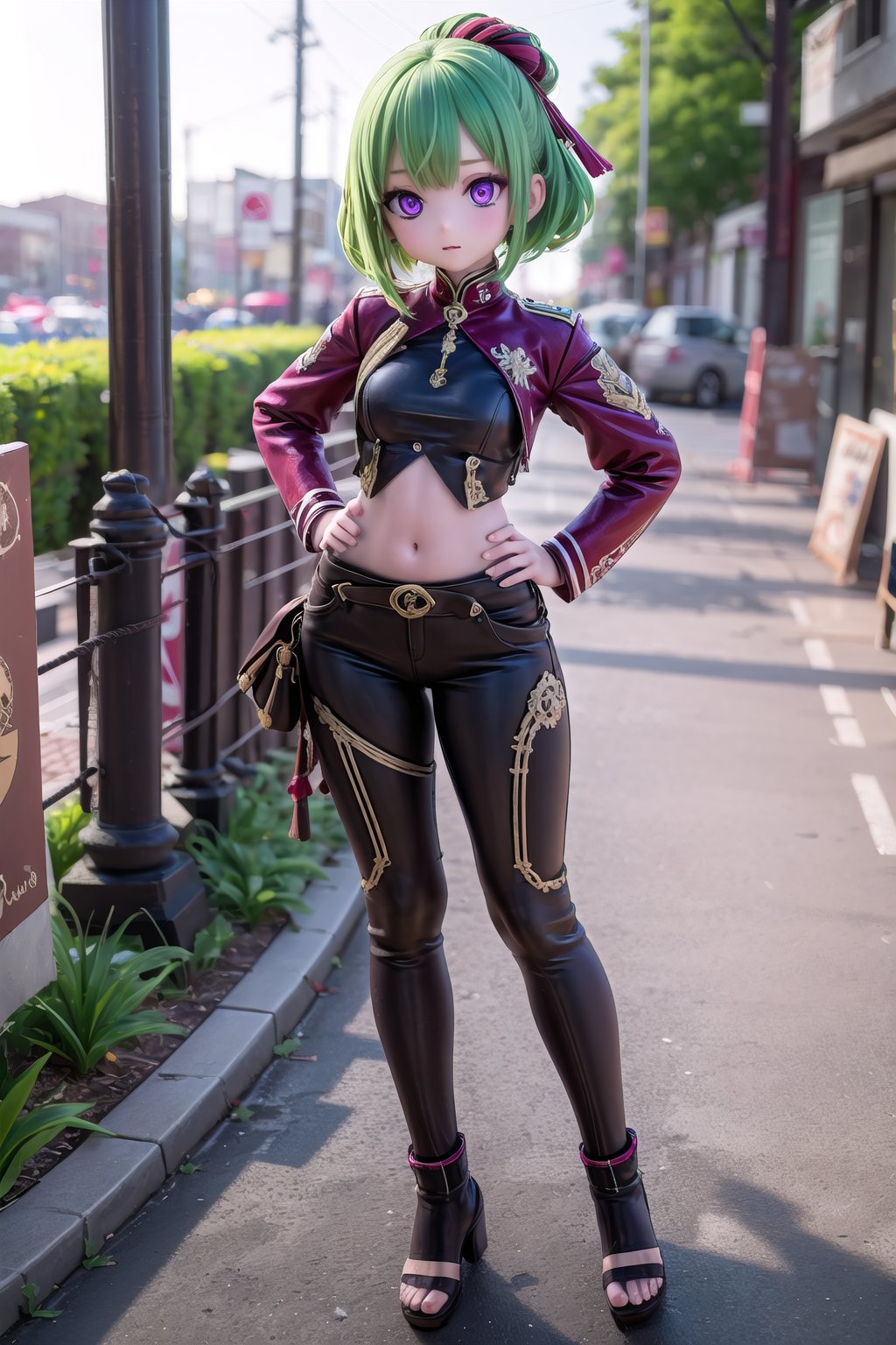 (full body view of KukiS), purple eyes, green hair, 1girl, solo_female, HDR, 32k UHD, insane detailed, 23 years old woman, bangs, blurry_background,