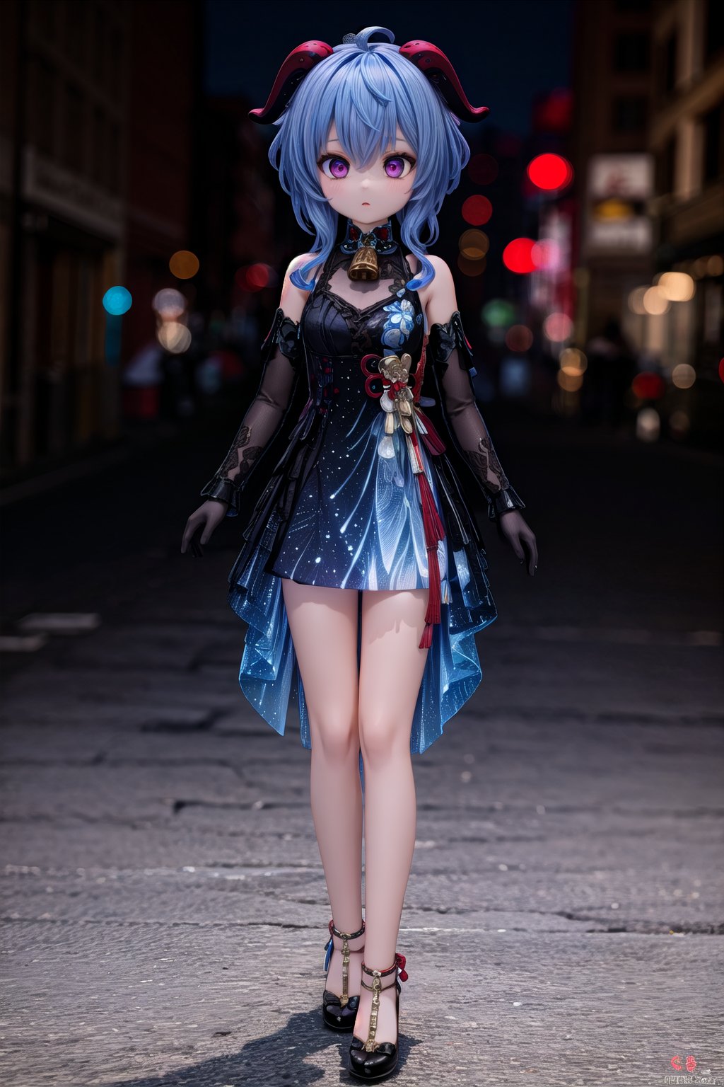 1girl, solo_female, full body view of Ganyu_Impact, horns, blue hair, bell, purple eyes, outdoors, show me your beautiful alternate costume, blurry_background, HDR, 32k UHD, insane detailed, bright blue dress, ahoge, detached sleeves,
