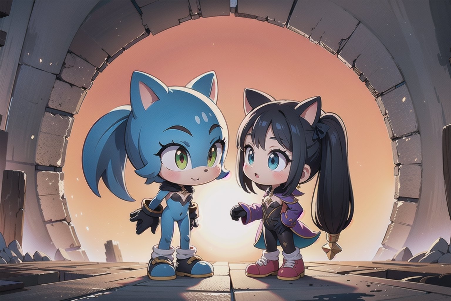 Here's a prompt based on your input:

Create an image of Monadef and Sonic the Hedgehog standing together against the warm orange sky of Looney's sun-kissed backdrop. The dark figures of the duo are silhouetted sharply against the vibrant colors, with Sonic's bright blue spikes and fiery red shoes standing out against the weathered gray stone. Rendered in breathtaking 32K UHD, the characters' forms seem to vibrate with kinetic energy, as if ready to burst forth from the frame at any moment. The composition captures the dynamic duo's united stance, frozen in a moment of anticipation.