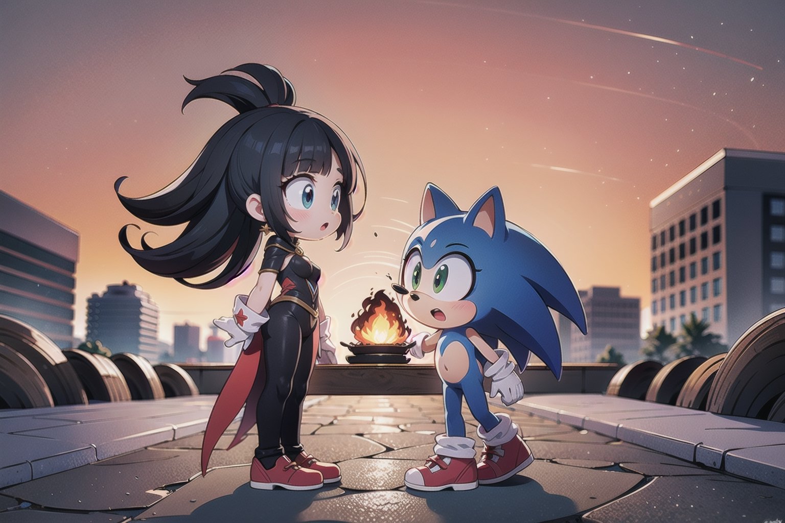 Against a backdrop of ravaged Looney Island, Monadef and Sonic the Hedgehog stand defiant, their dark silhouettes etched against a fiery orange sky. Sonic the Hedgehog stands by her side, his blue spikes and red shoes a vivid splash against the dull gray stone. Every detail of their forms is rendered in stunning 32K UHD, as if they might step out of the frame at any moment.
