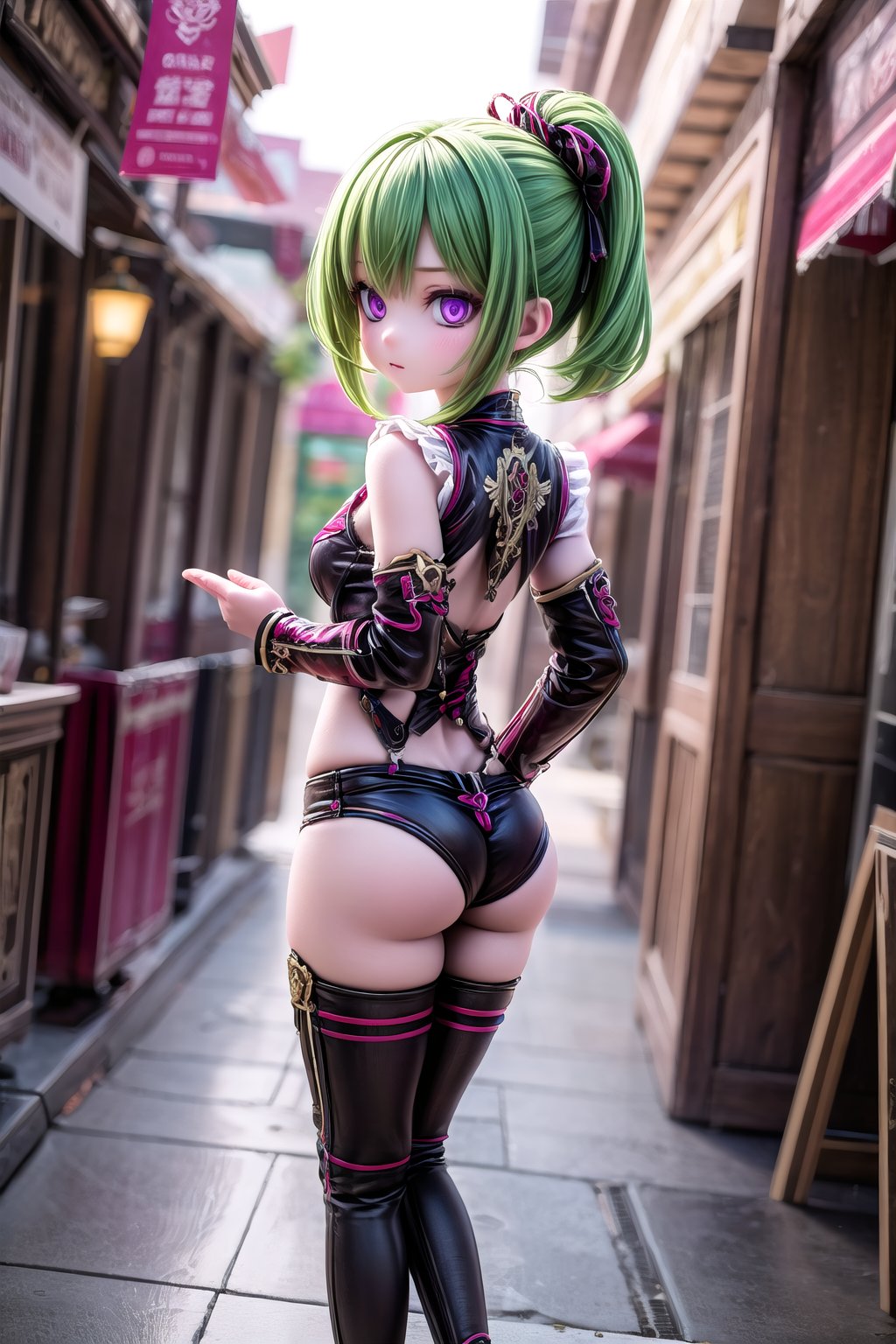 (full body view of KukiS), purple eyes, green hair, 1girl, solo_female, HDR, 32k UHD, insane detailed, 23 years old woman, blurry_background, stomach, bangs, better hands, show me your back,