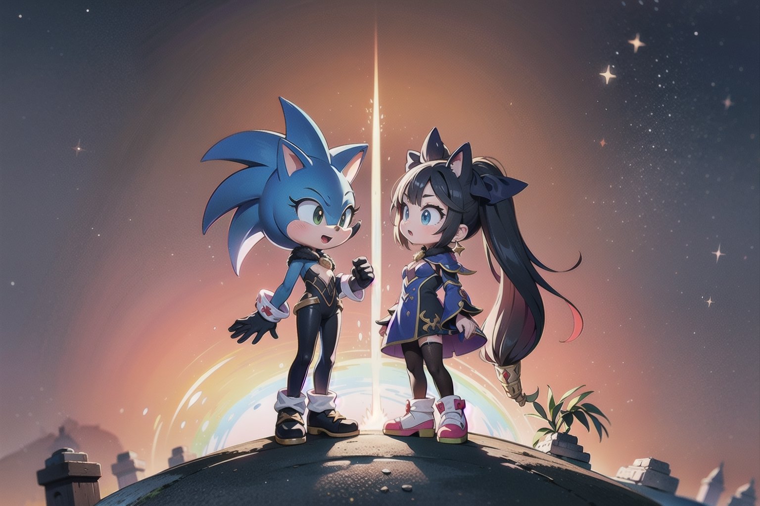 Against the backdrop of the beautiful island of Looney, little Monadef and Sonic the Hedgehog stand defiant, their dark silhouettes etched against a orange sky. Sonic the Hedgehog stands by her side, his blue spikes and red shoes a vivid splash against the dull gray stone. Every detail of their forms is rendered in stunning 32K UHD, as if they might step out of the frame at any moment.